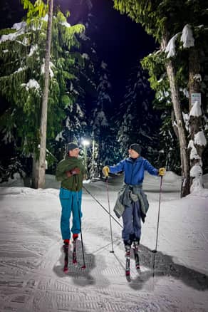 two men cross country skiing in the evening